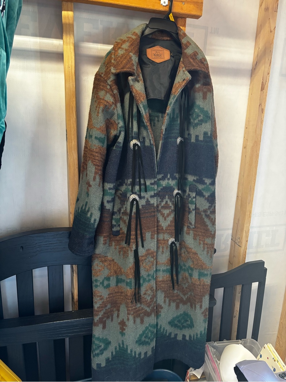 Southwest vintage wool Long coat  in Teal & Brown